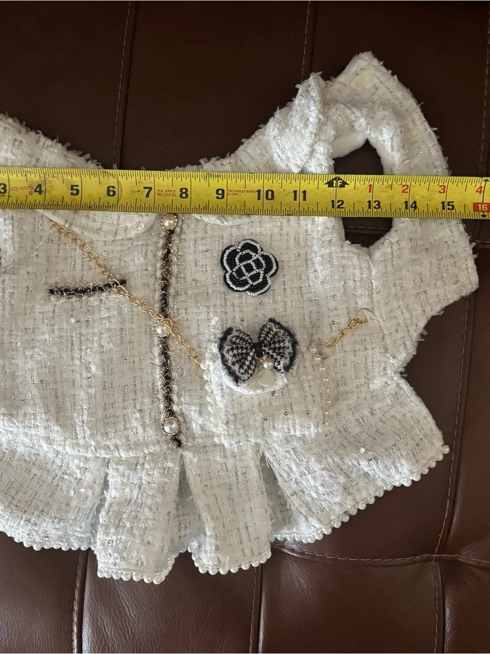 Elegant White Tweed Decorative Pet Vest with Pearl Accents